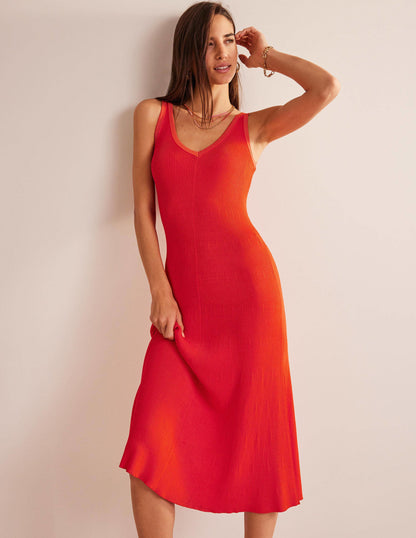 V-Neck Knitted Midi Dress-Blood Orange