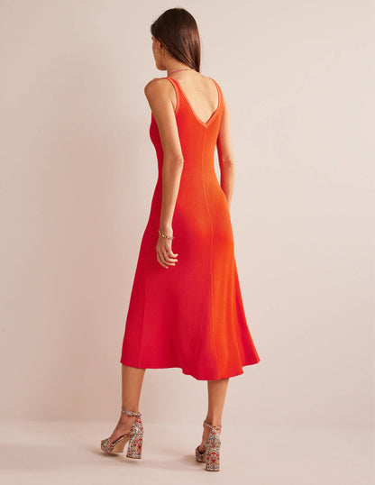 V-Neck Knitted Midi Dress-Blood Orange