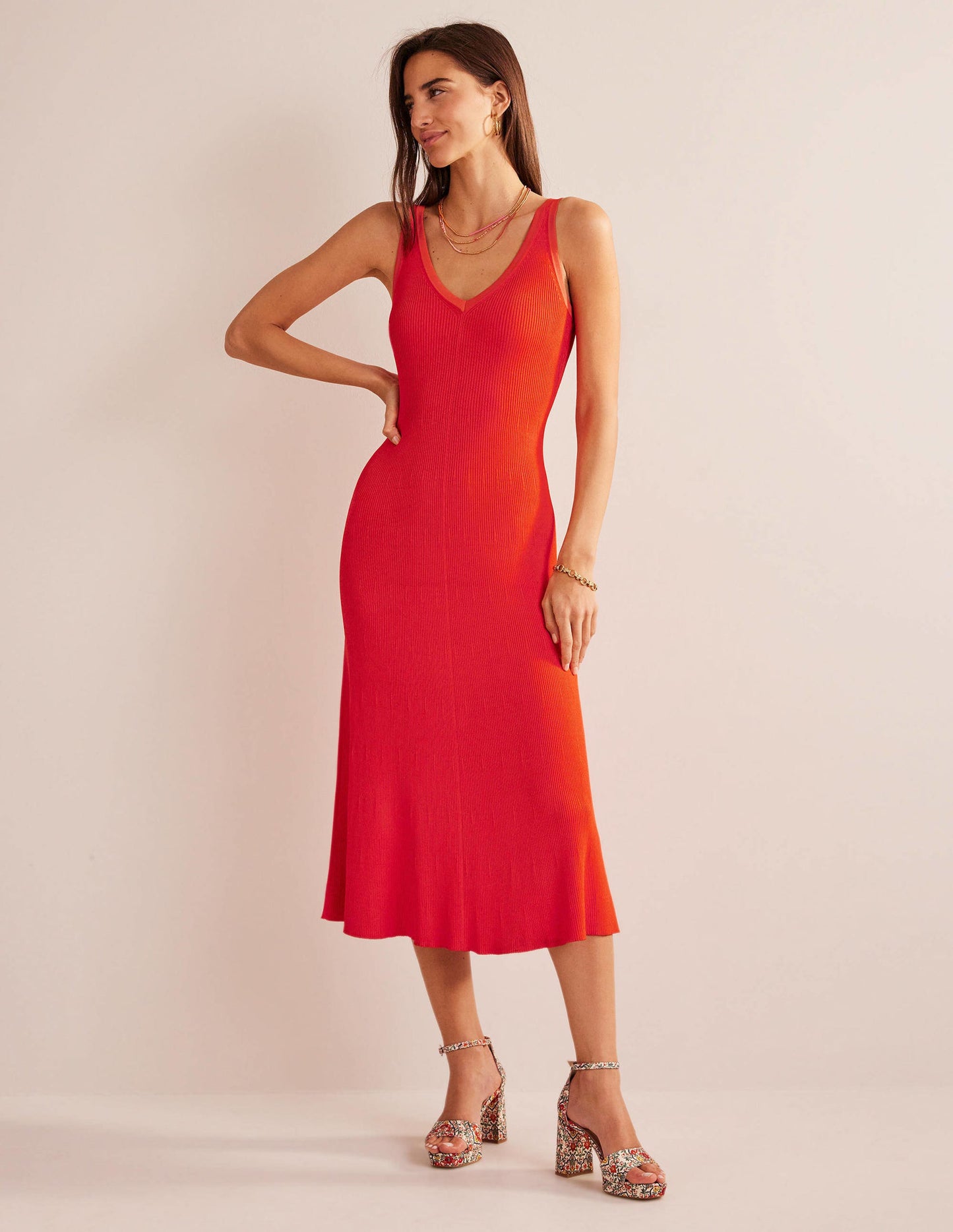 V-Neck Knitted Midi Dress-Blood Orange