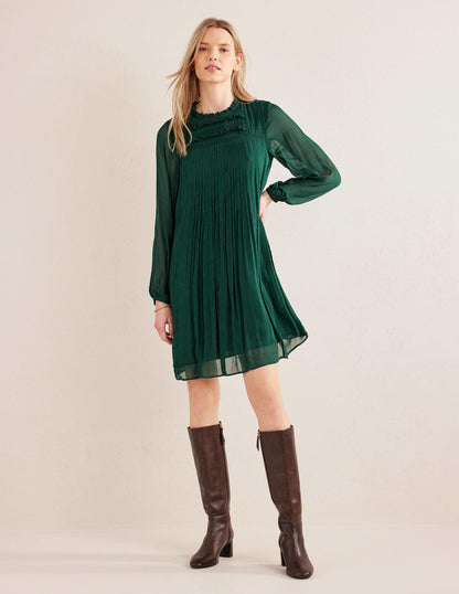 Yoke Detail Pleated Mini Dress-Emerald Night