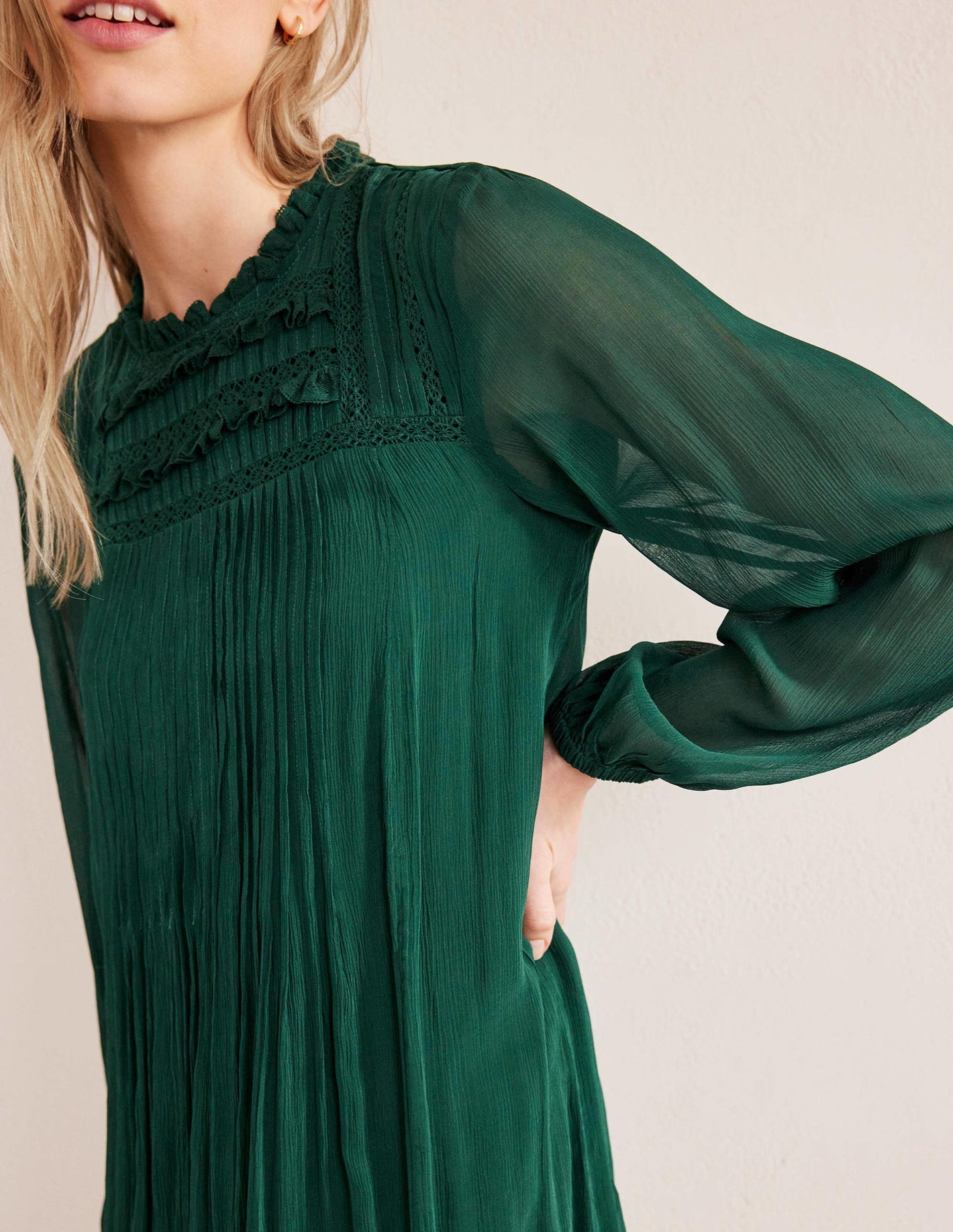 Yoke Detail Pleated Mini Dress-Emerald Night