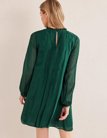 Yoke Detail Pleated Mini Dress-Emerald Night