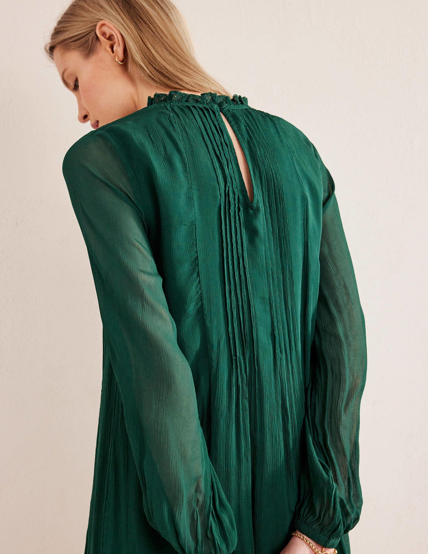 Yoke Detail Pleated Mini Dress-Emerald Night