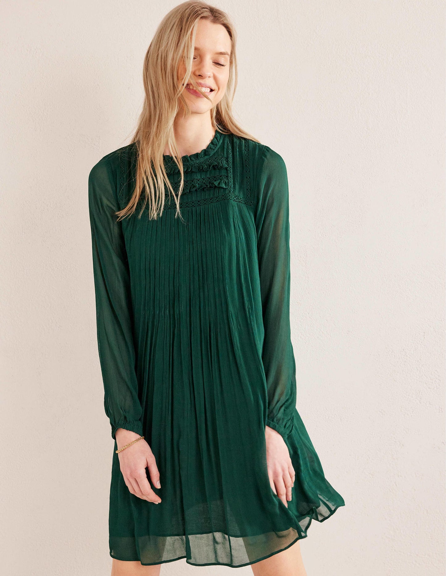 Yoke Detail Pleated Mini Dress-Emerald Night