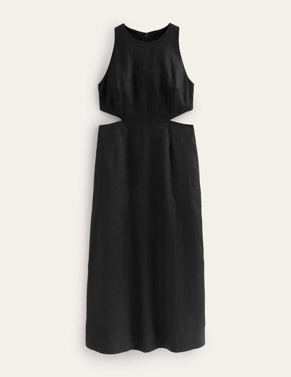 Cut Out Linen Midi Dress-Black