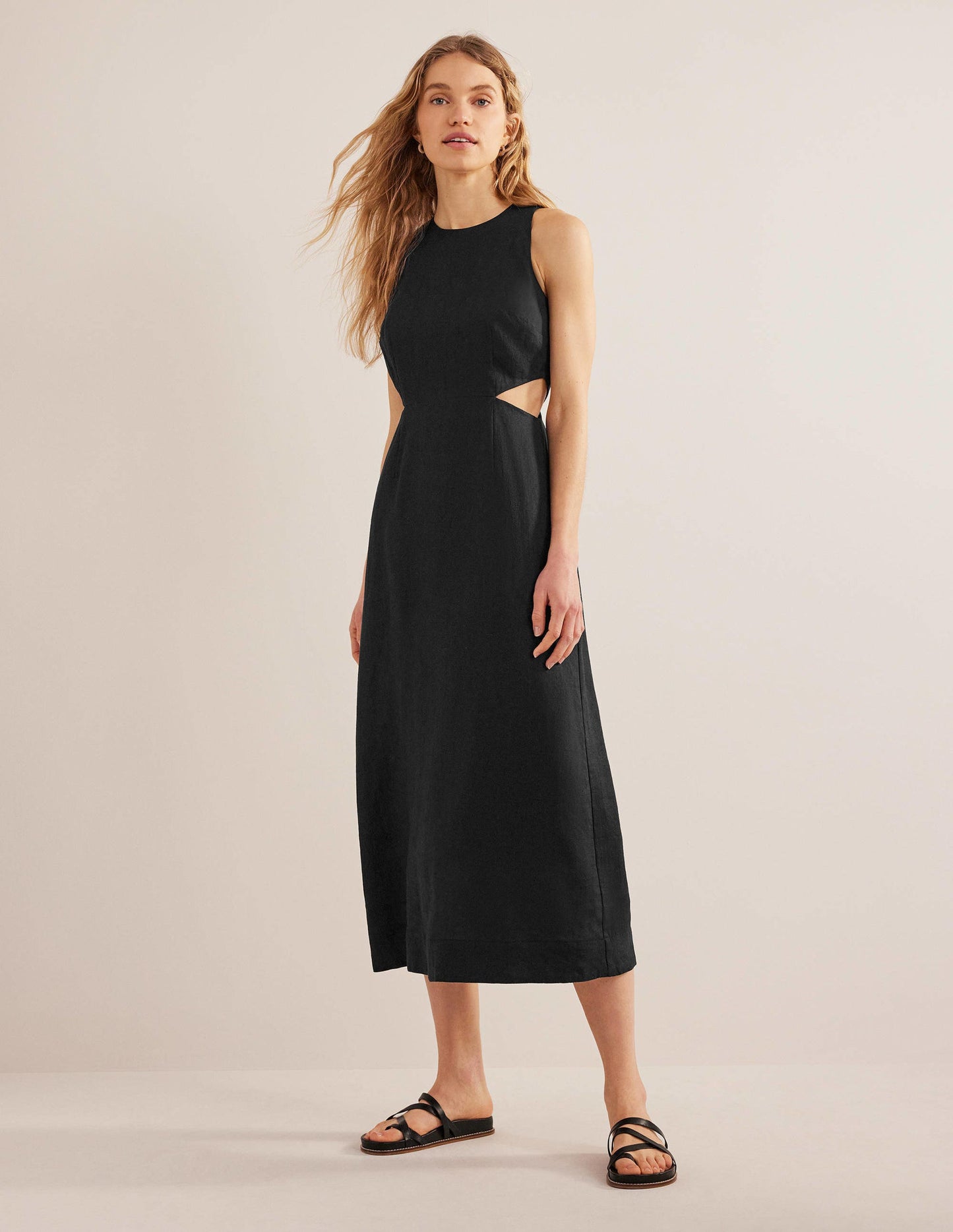 Cut Out Linen Midi Dress-Black