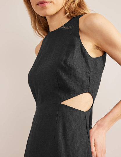 Cut Out Linen Midi Dress-Black