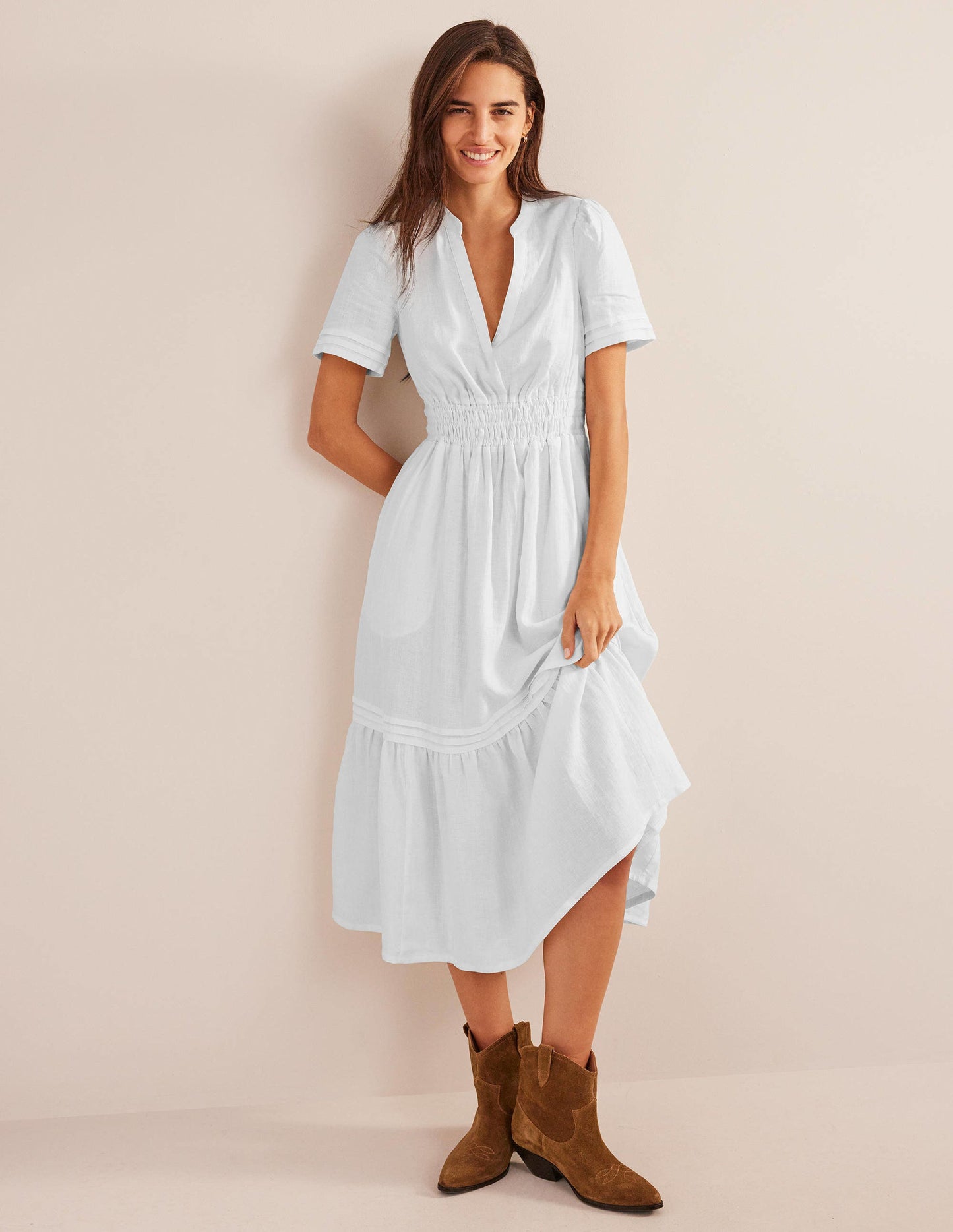 Pintuck Detail Midi Dress-White