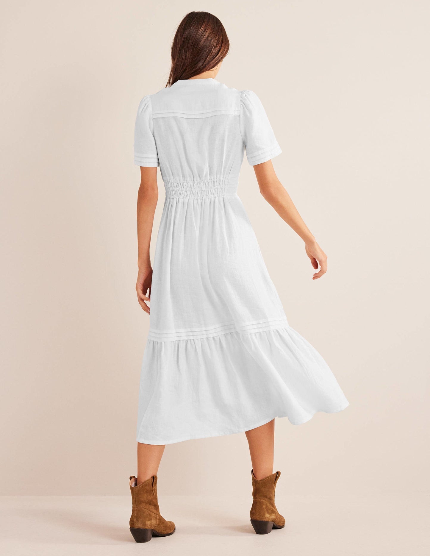 Pintuck Detail Midi Dress-White