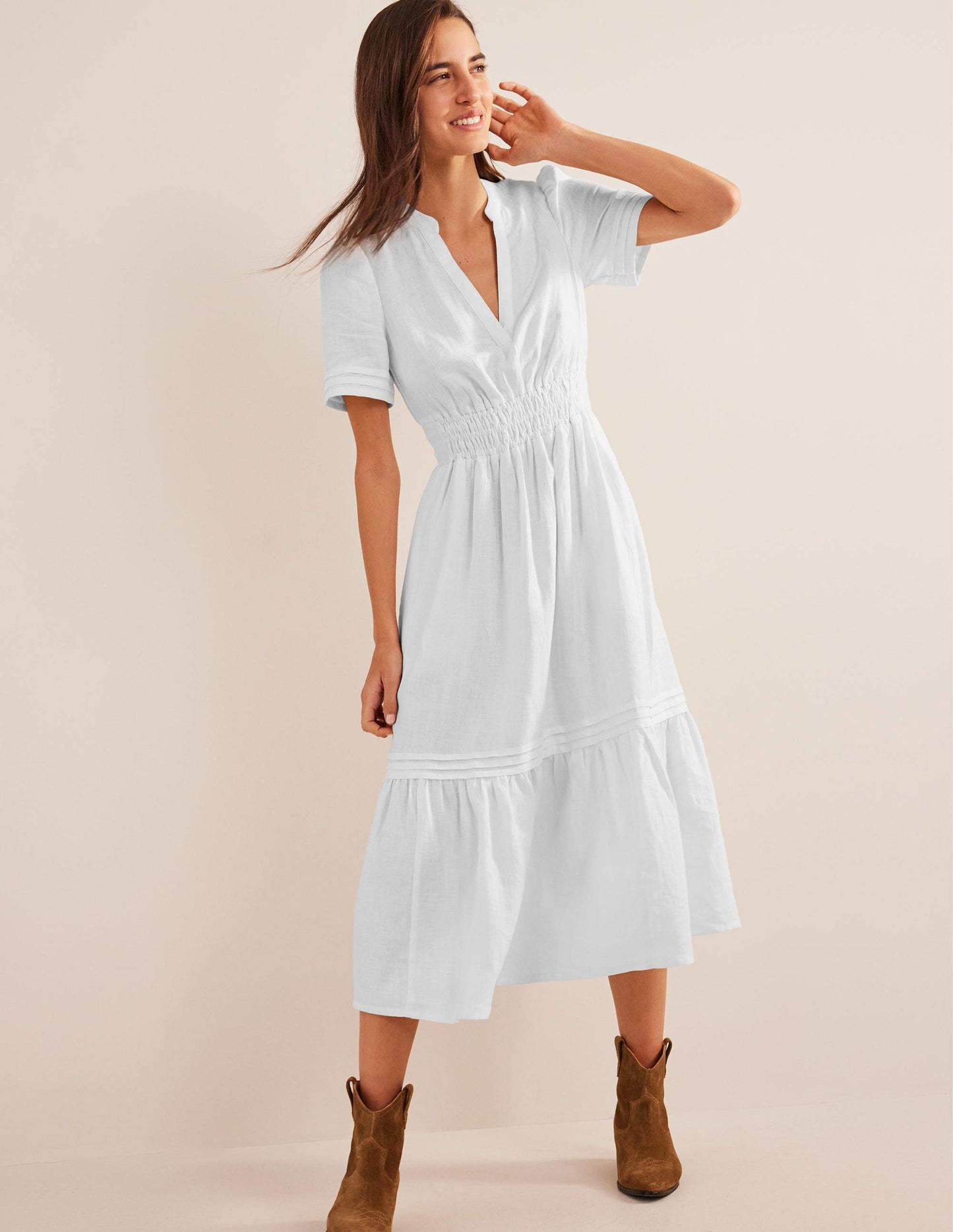 Pintuck Detail Midi Dress-White