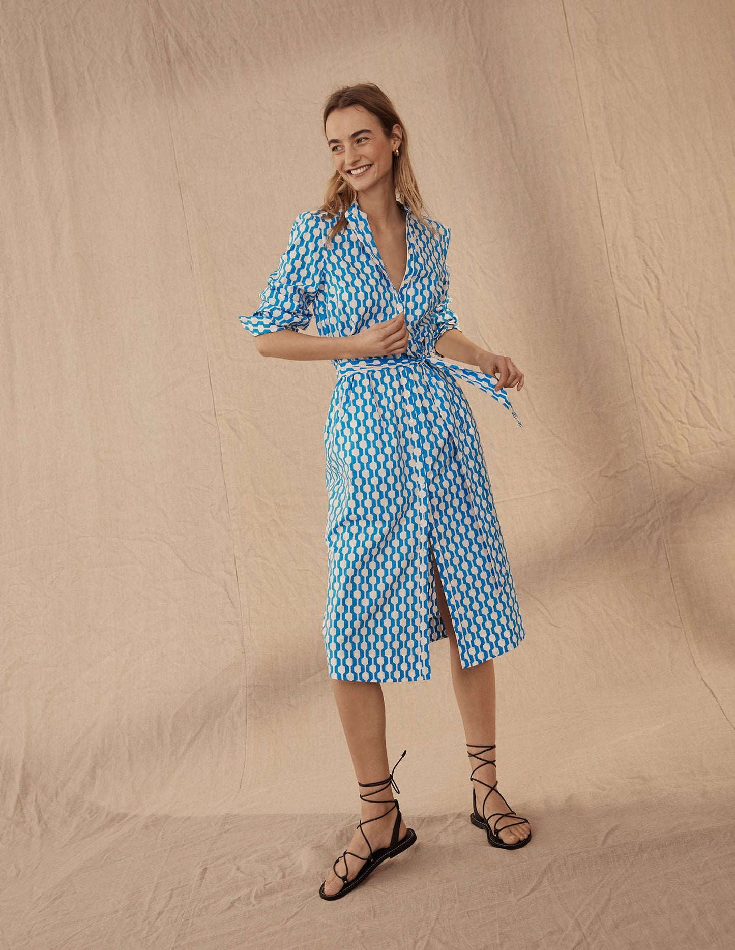 Collarless Midi Shirt Dress-Moroccan Blue, Geo Azure