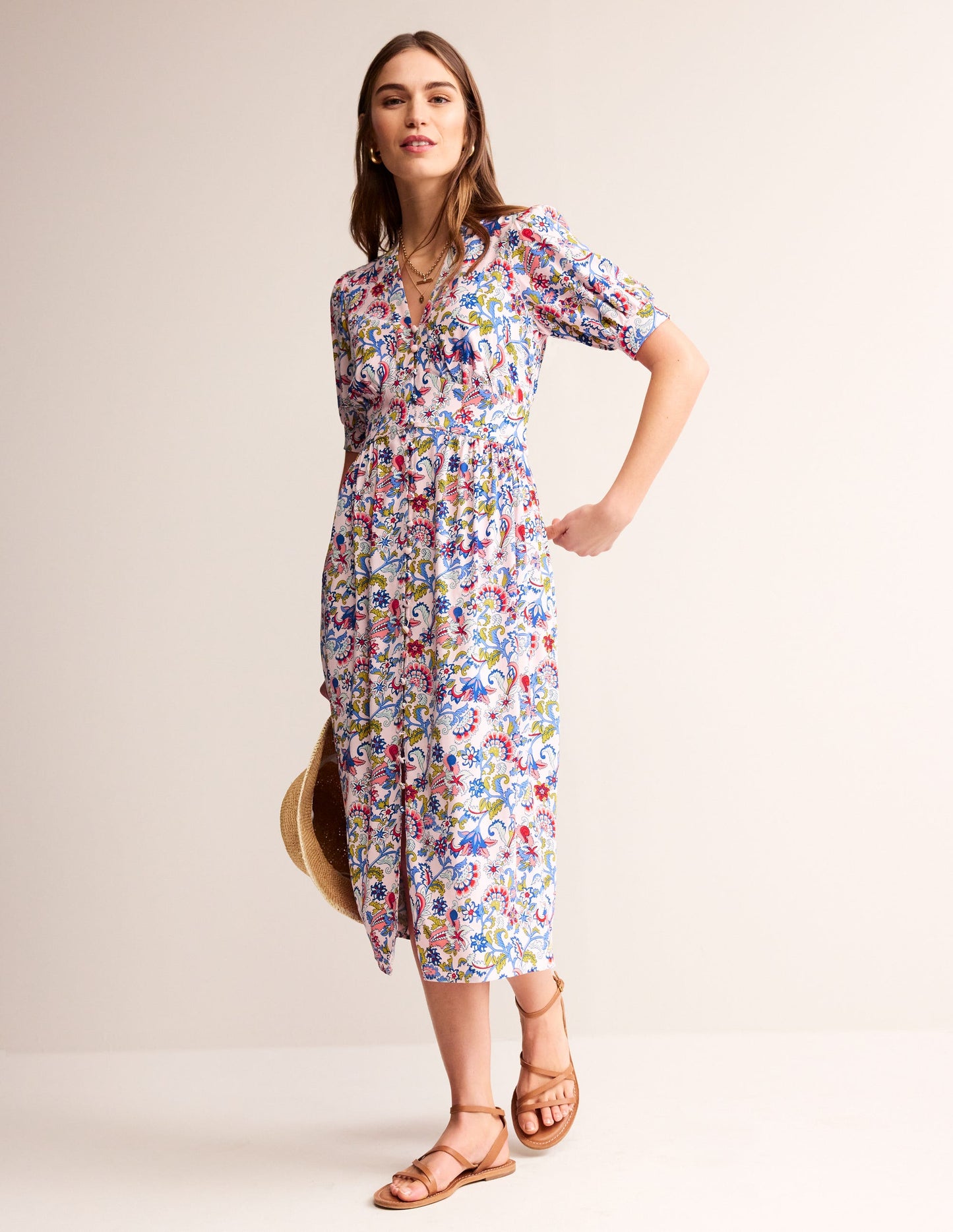 Elsa Midi Tea Dress-Marshmallow, Botanical Bunch