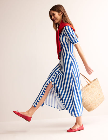 Libby Jersey Midi Shirt Dress-Blue, Ivory Stripe