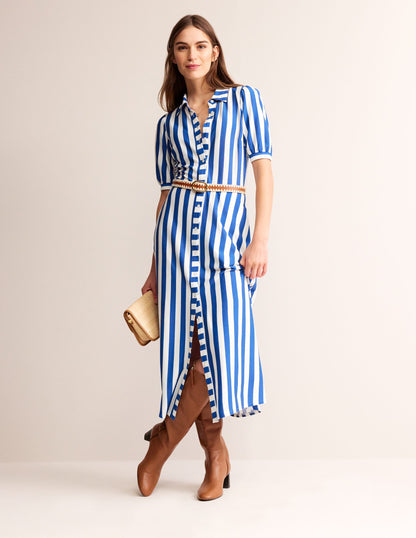 Libby Jersey Midi Shirt Dress-Blue, Ivory Stripe