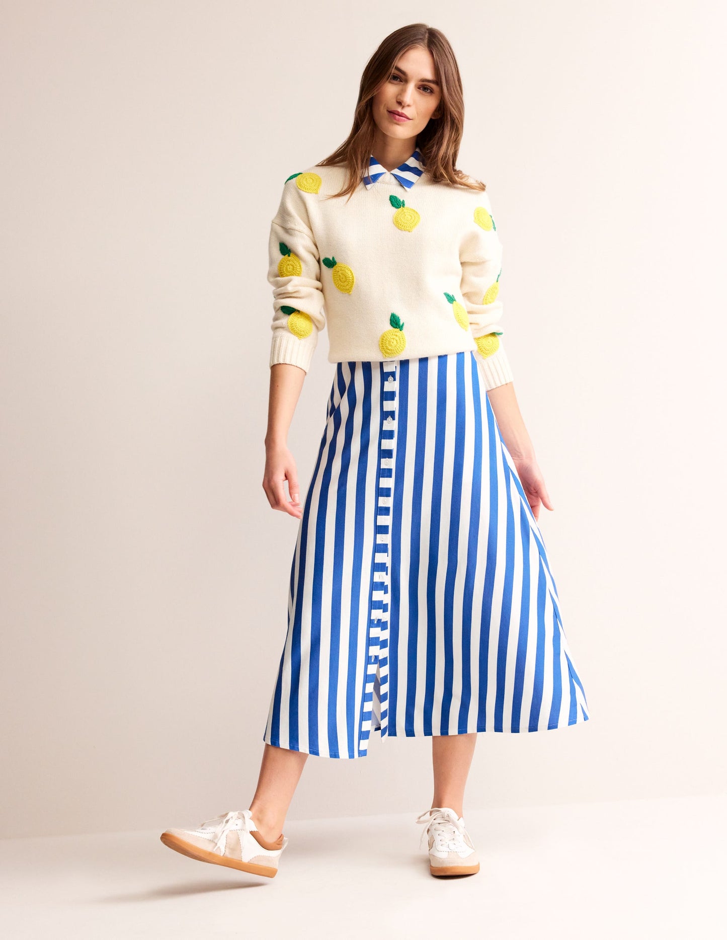 Libby Jersey Midi Shirt Dress-Blue, Ivory Stripe