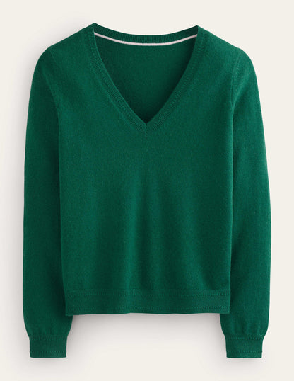 Eva Cashmere V-Neck Jumper-Deep Forest