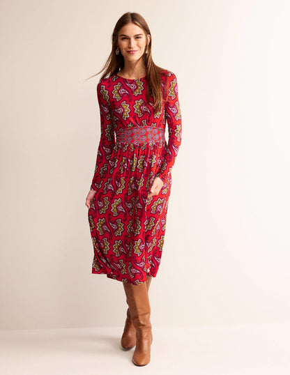 Thea Long Sleeve Midi Dress-Red, Paisley Amaryllis