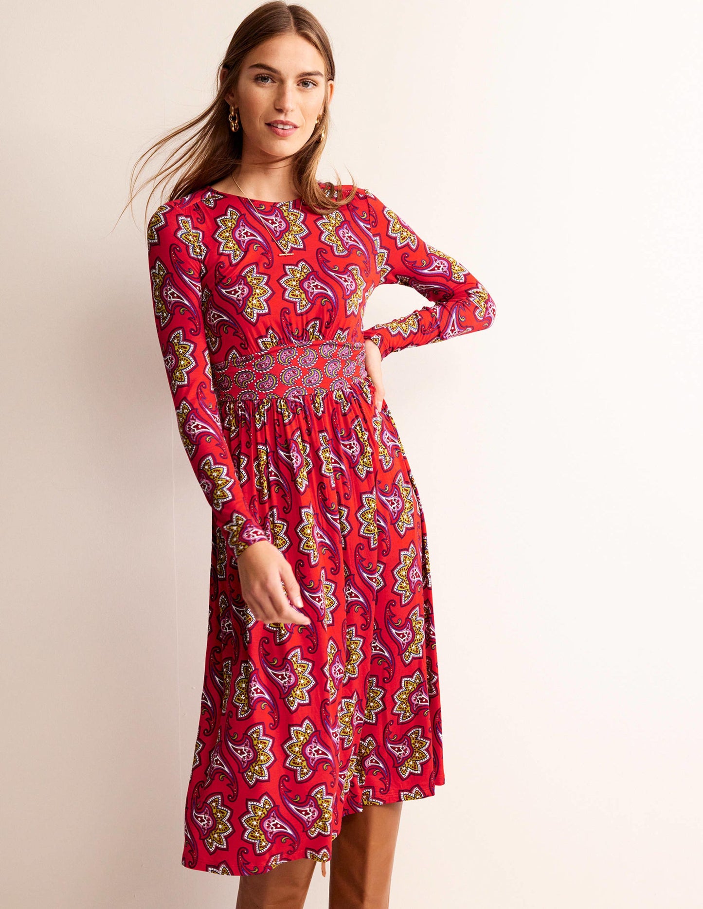 Thea Long Sleeve Midi Dress-Red, Paisley Amaryllis