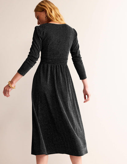 Ruched Sparkle Midi Dress-Black