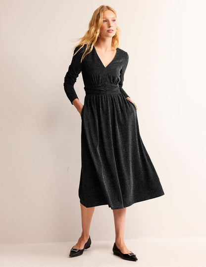 Ruched Sparkle Midi Dress-Black