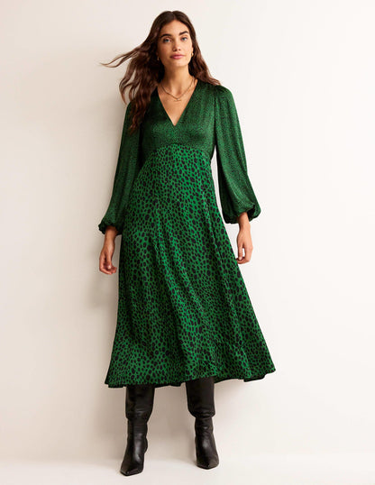 Blouson Sleeve Midi Tea Dress-Amazon Green, Animal Spot