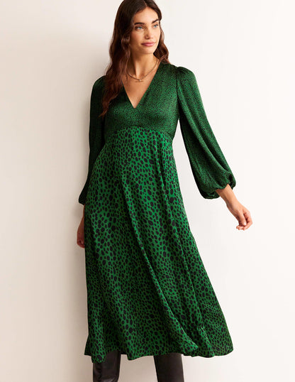 Blouson Sleeve Midi Tea Dress-Amazon Green, Animal Spot