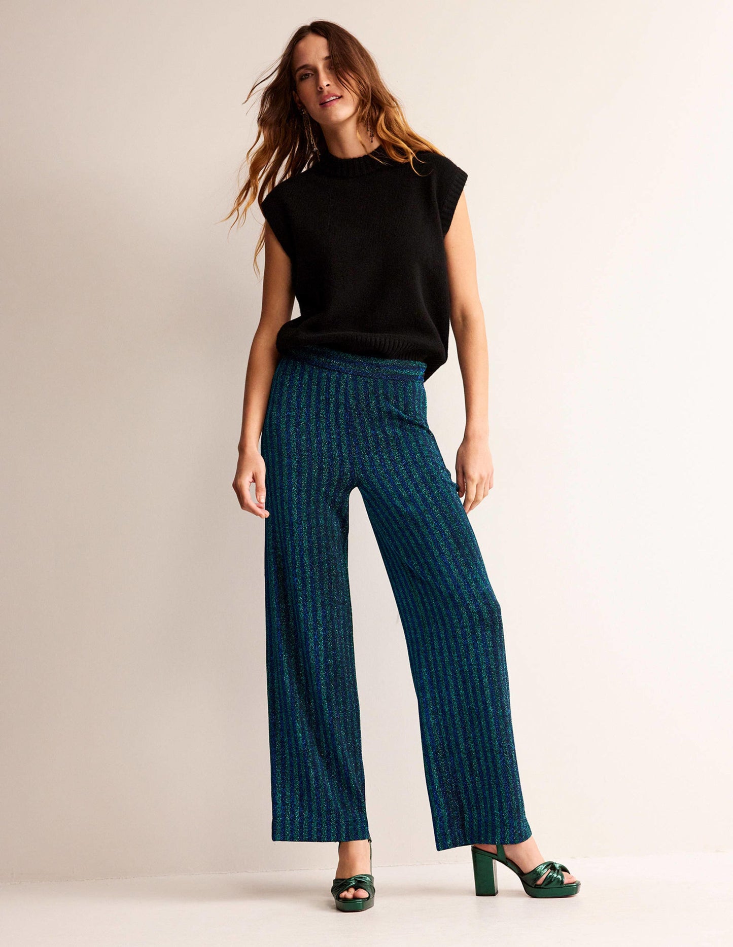 Jersey Metallic Trousers-Green / Navy Stripe