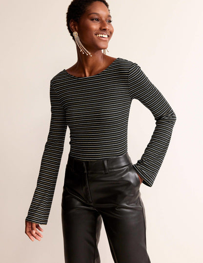 Fluted Sleeve Jersey Top-Black Stripe