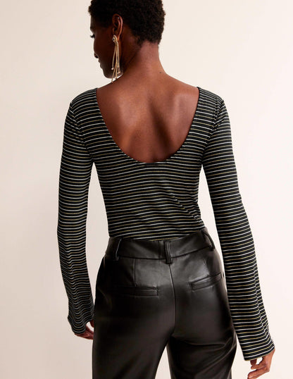 Fluted Sleeve Jersey Top-Black Stripe