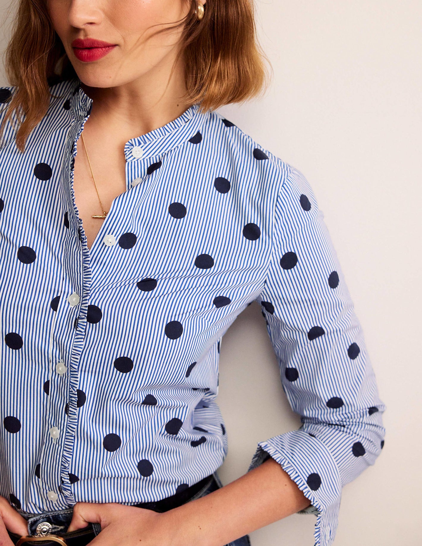 Phoebe Cotton Shirt-Navy, Spot Stripe