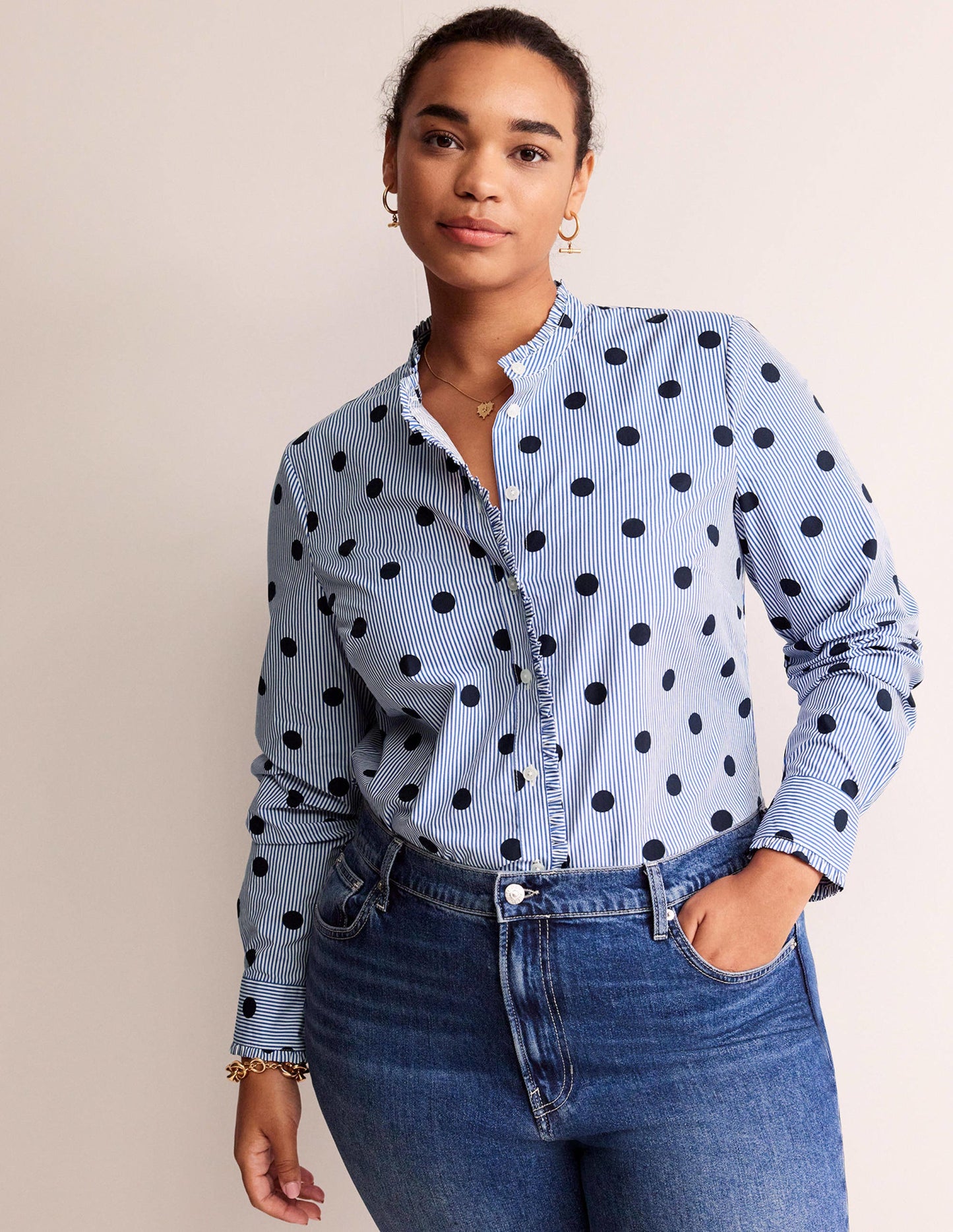 Phoebe Cotton Shirt-Navy, Spot Stripe