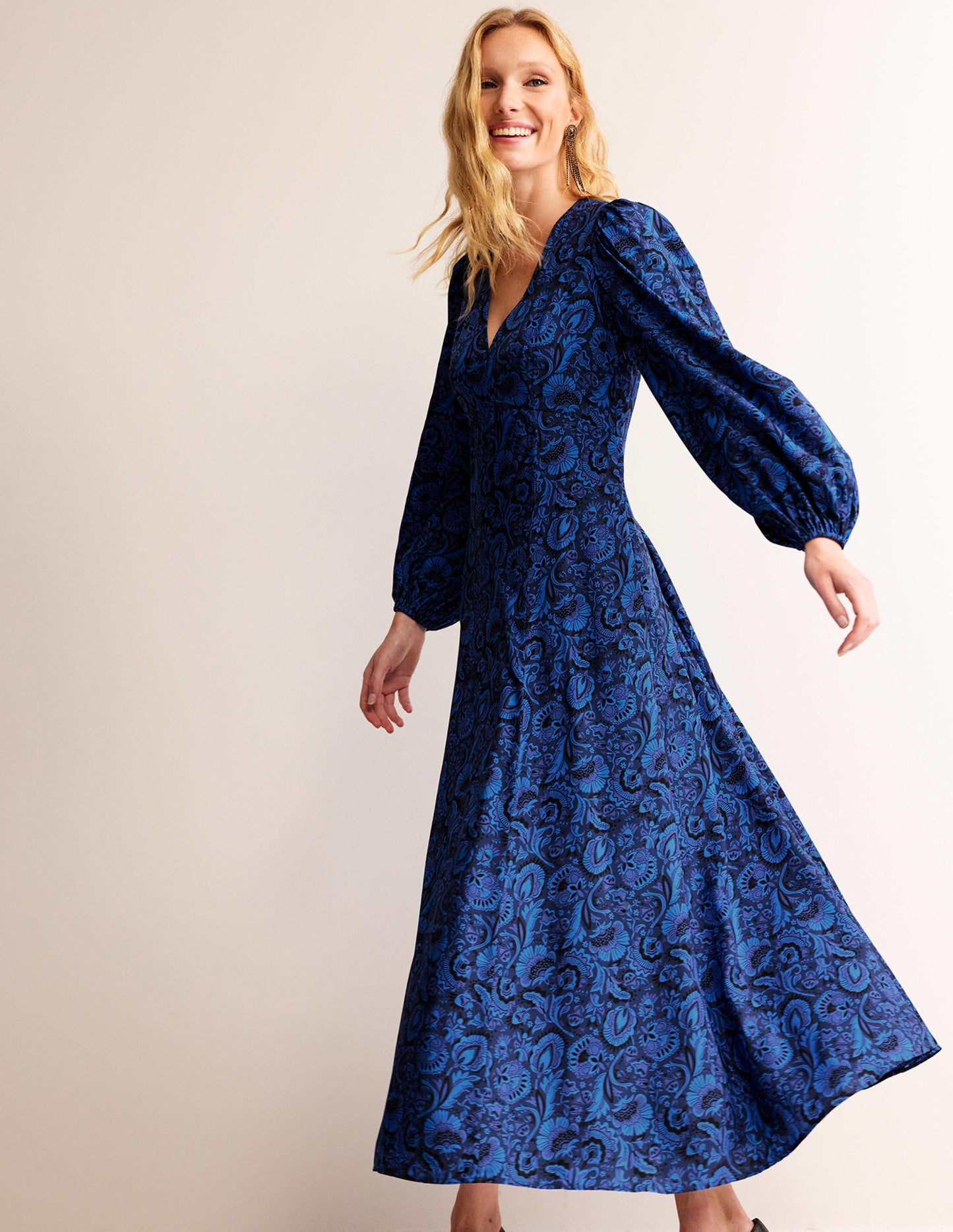 Blouson Sleeve Maxi Tea Dress-Bright Cobalt, Florist