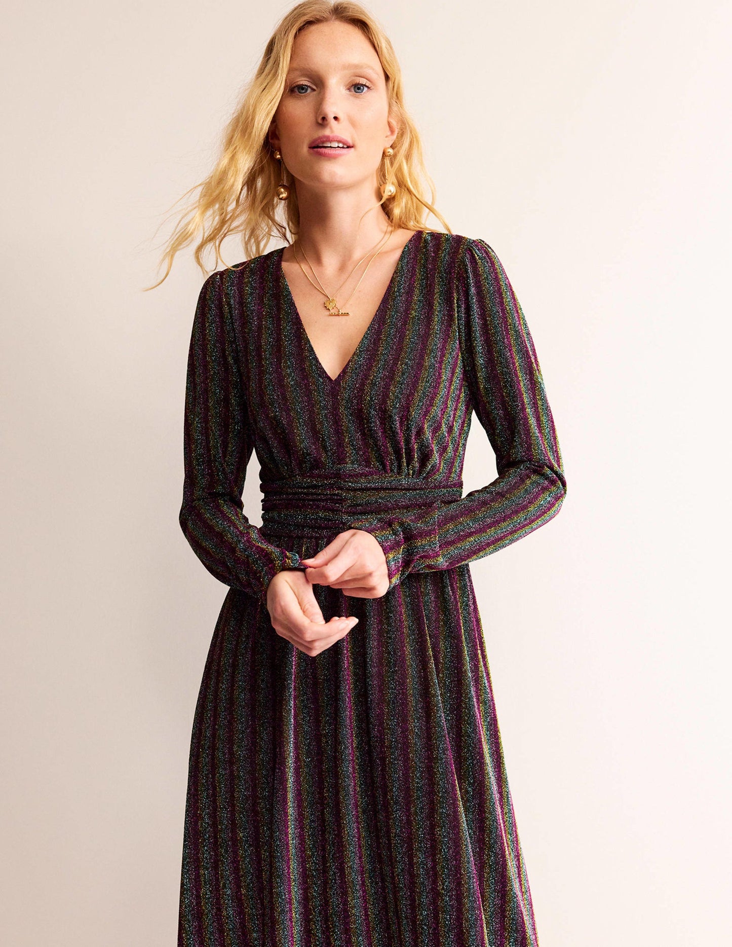 Ruched Sparkle Midi Dress-Multi Stripe