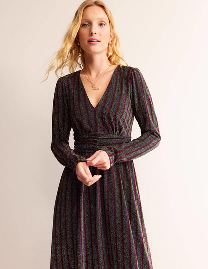 Ruched Sparkle Midi Dress-Multi Stripe