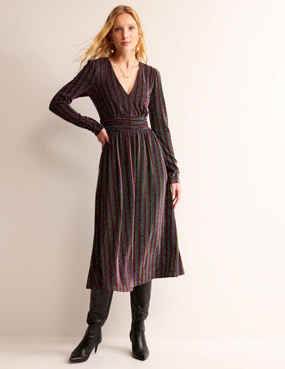 Ruched Sparkle Midi Dress-Multi Stripe