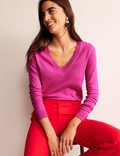 Catriona Cotton V-Neck Jumper-Cosmos Pink