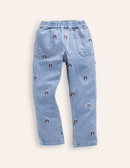 Fun Pull On Jeans-Denim Pup Embroidery