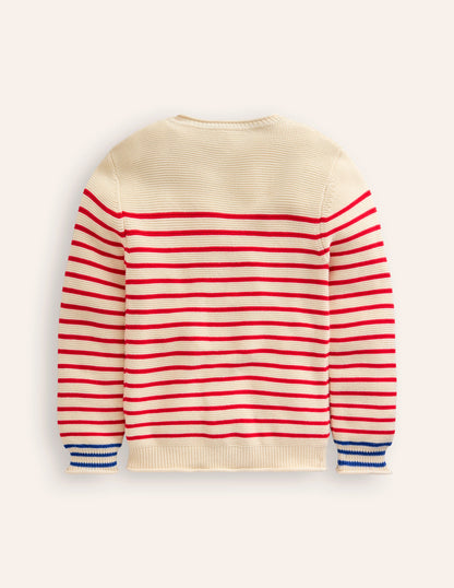 Everyday Stripe Cotton Jumper-Ecru Marl and Jam Red Stripe