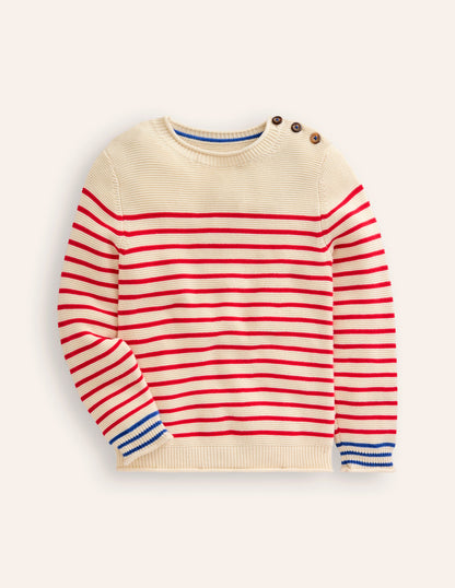 Everyday Stripe Cotton Jumper-Ecru Marl and Jam Red Stripe