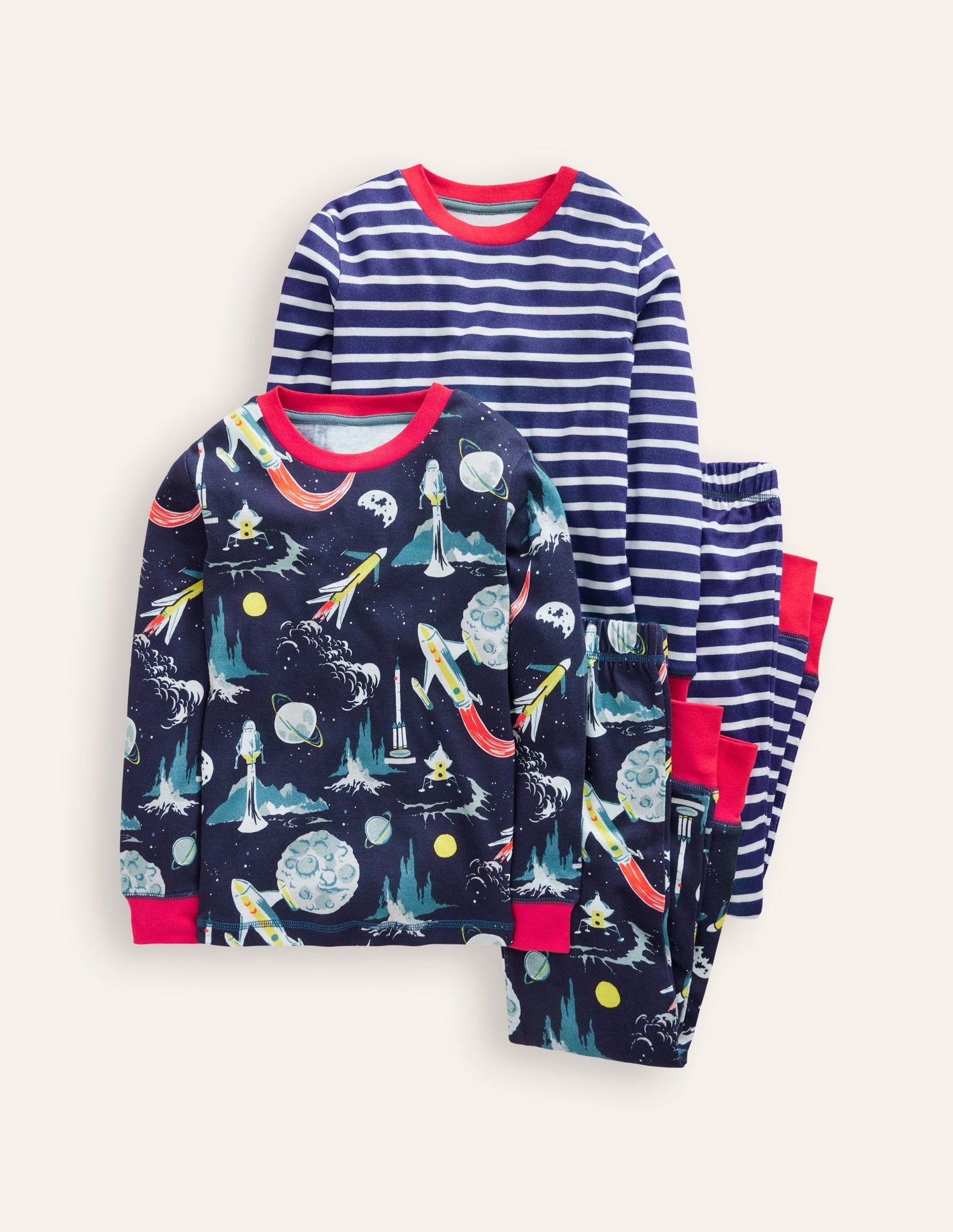 Snug Twin Pack Pyjamas-Grey Space and Navy Stripe