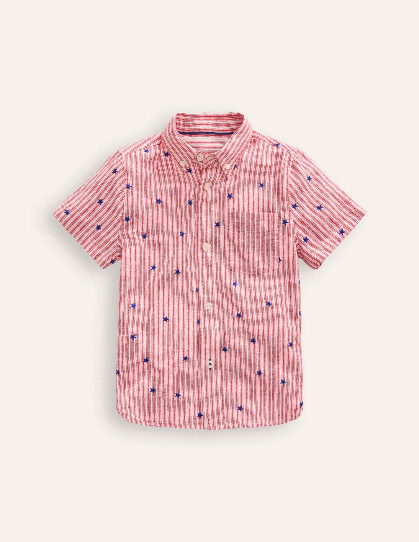 Cotton Linen Shirt-Red Stripe Star Embroidery