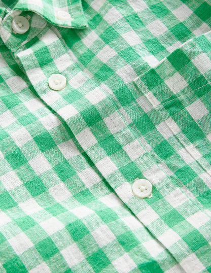 Cotton Linen Shirt-Pea Green Gingham