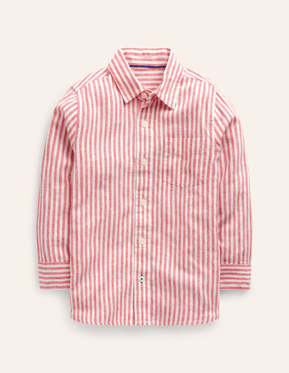 Long Sleeve Cotton Linen Shirt-Jam Red / Ivory Stripe