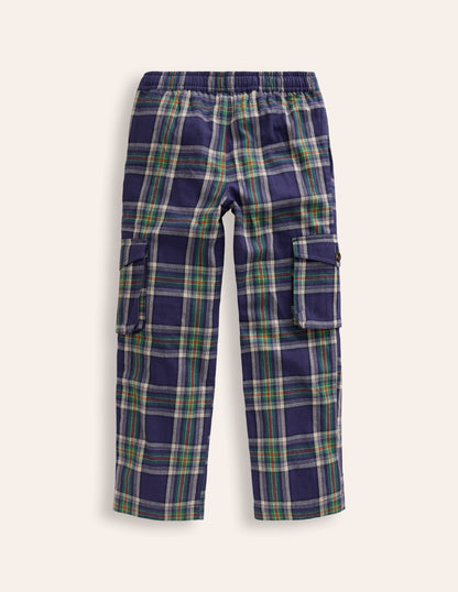 Cosy Lined Cargo Trousers-Navy / Green Check