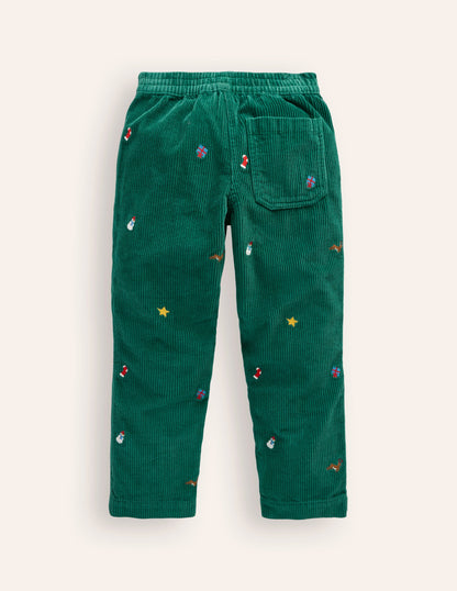 Pull-On Cord Trousers -Festive Embroidery