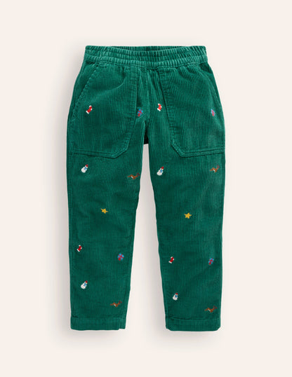 Pull-On Cord Trousers -Festive Embroidery