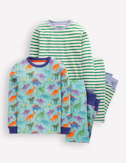 Snug Twin Pack Pyjamas-Blue Dinos and Green Stripe