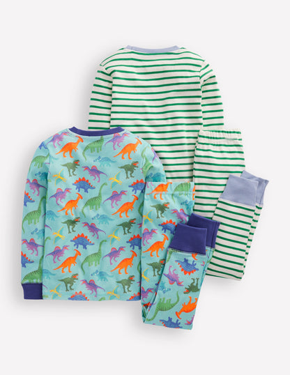 Snug Twin Pack Pyjamas-Blue Dinos and Green Stripe