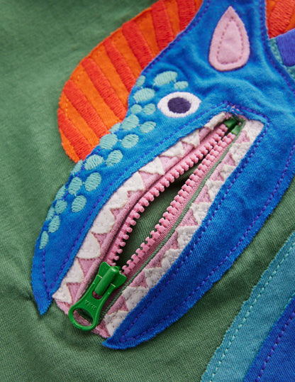 Zipper Applique T-Shirt-Newt Green Dinosaur