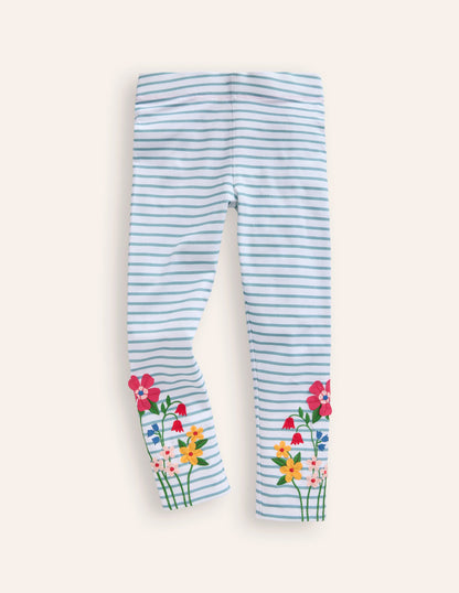 Appliqué Leggings-Ivory/ Vintage Blue Flowers